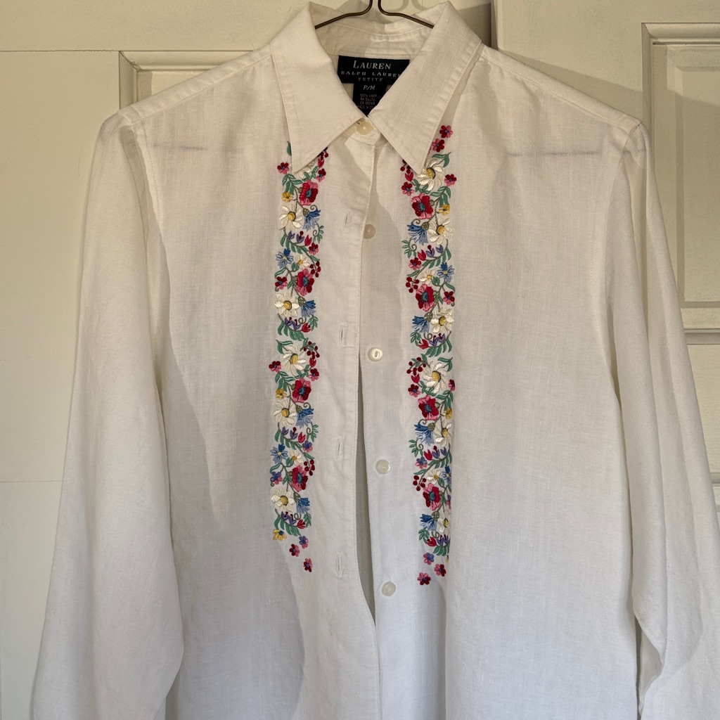 Ralph Lauren White Vintage Linen Shirt With Floral Embroidery
